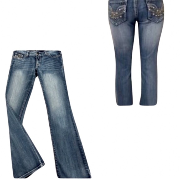 Like New Cache Gold Tone Embellished Flare Denim Jeans | 8 - Picture 4 of 10